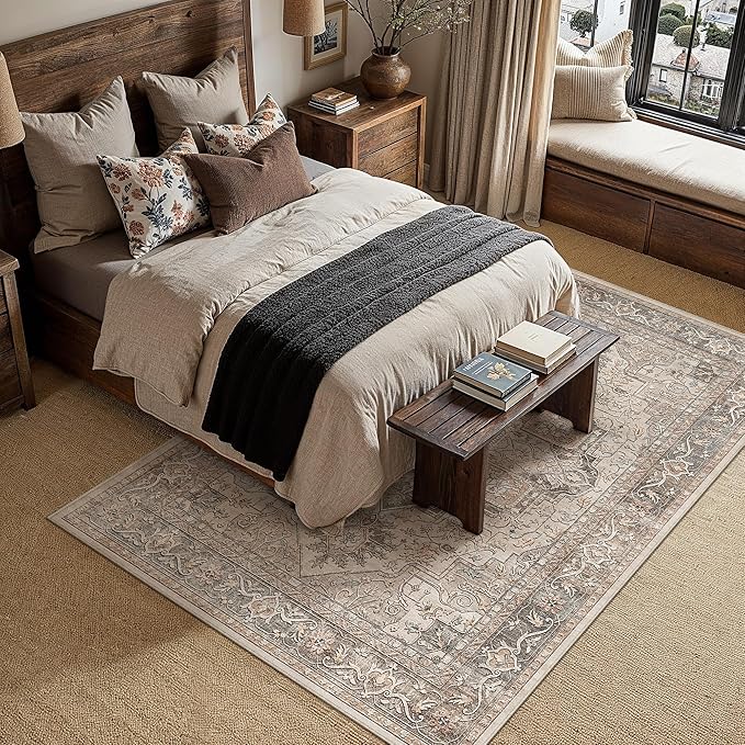8x10 Washable Vintage Area Rug Brown Oriental Living Room Bedroom Throw Rug Neutral Non Slip Soft Low Pile Carpet for Dining Room Office Nursery Indoor