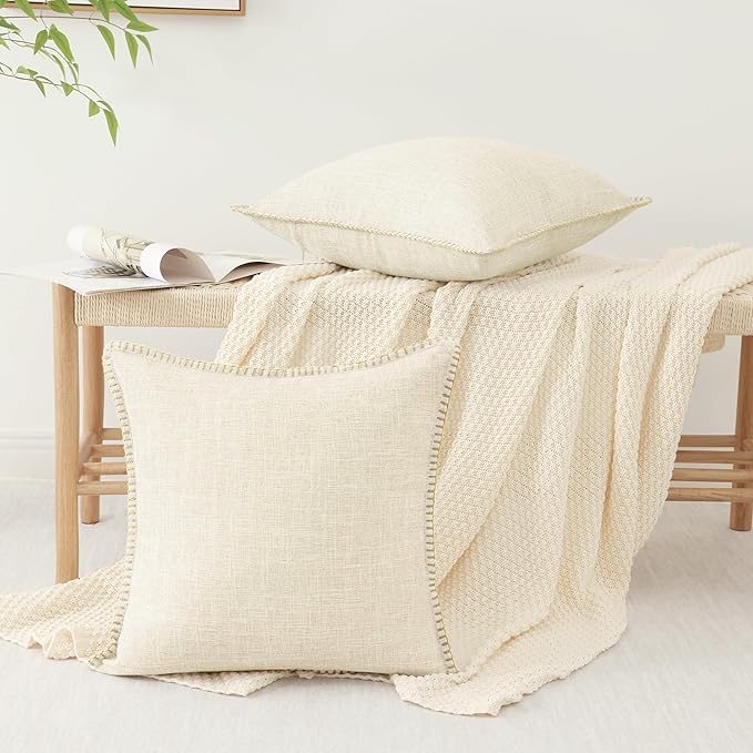 decorUhome Summer Decorative Throw Pillow Covers 12x20 Set of 2 Lumbar Faux Linen Farmhouse Pillow Covers with Stitched Edge Outdoor Neutral Pillow Covers for Couch Sofa Living Room, Cream White