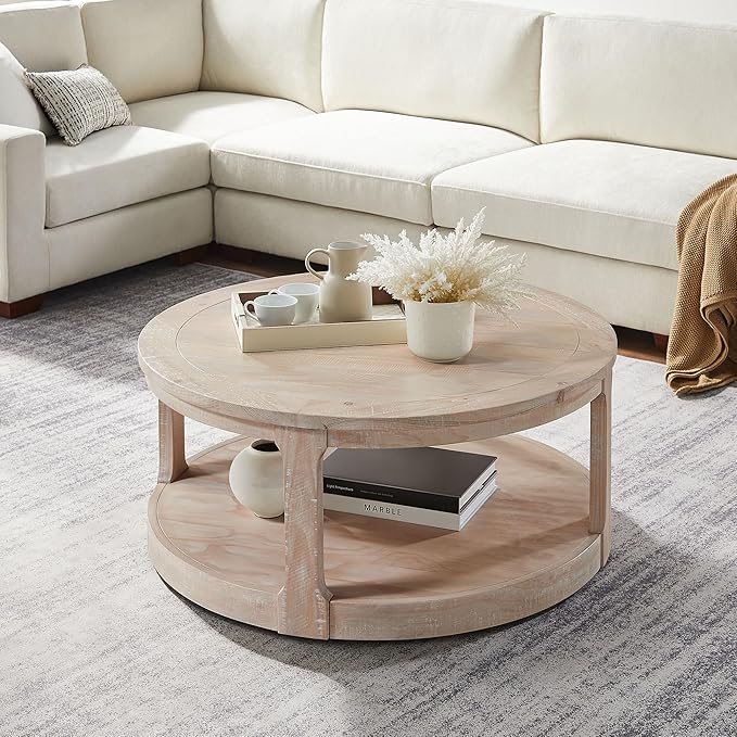 WILLIAMSPACE 40" Round Coffee Table with Wheels, Circle 2 Tier Solid Wood Center Coffee Table, Mid Century Retro Farmhouse Rounded End Table for Living Room Apartment, ø40 x 17.52" H (Oak)