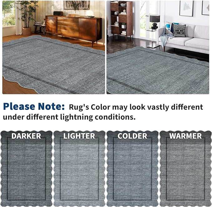 GarveeHome Scalloped Washable Area Rugs 9 x 12 Rug for Living Room Modern Rug Non Slip Throw Rugs Large Bedroom Rugs Low Pile Stain Resistant Carpet for Dining Room Nursery 9'x12' Grey