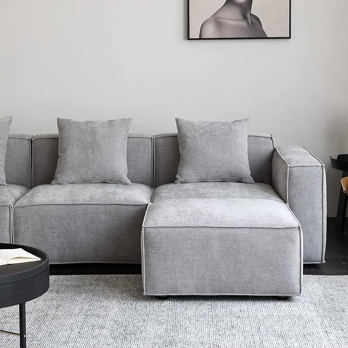 Acanva Luxury Modular Sectional Living Room Sofa Set, Modern Minimalist Style Couch with Ottoman and Chaise, L-Shape, Grey