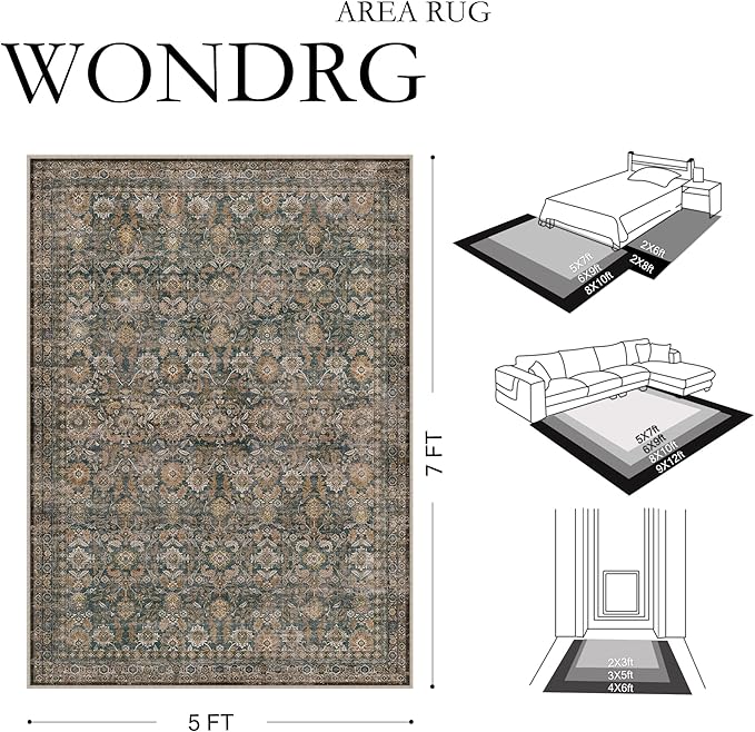 8x10 Washable Traditional Area Rug Living Room Brown Floral Non Slip Low Pile Large Rug Neutral Vintage Stain Resistant Distressed Carpet Bedroom Dining Room Office Playroom