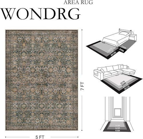 8x10 Washable Traditional Area Rug Living Room Brown Floral Non Slip Low Pile Large Rug Neutral Vintage Stain Resistant Distressed Carpet Bedroom Dining Room Office Playroom