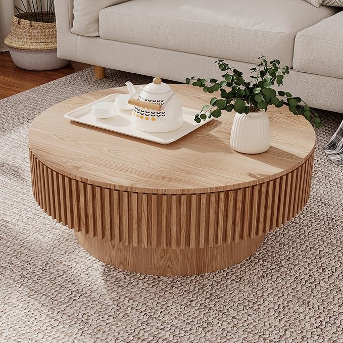 Round Coffee Table with Storage, Modern Handcraft Drum Coffee Table Wood Circle Center Table for Living Room Apartment, 31.49" Oak