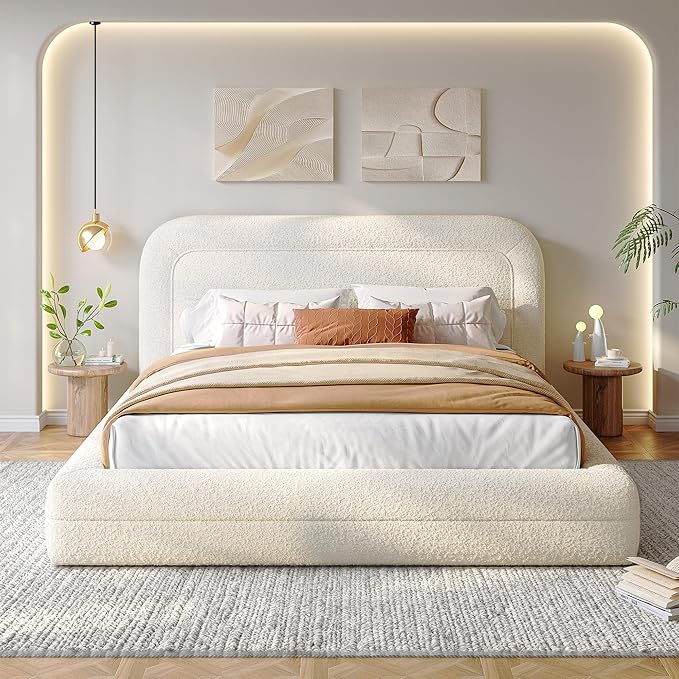 Homkdom Full Bed Frame with Headboard, Upholstered Cloud Bed Frame, Anti-Collision Soft Rounded Corners, Boucle Platform Bed for Modern Bedrooms, Apartments, Guest Rooms, No Box Spring Needed,Beige