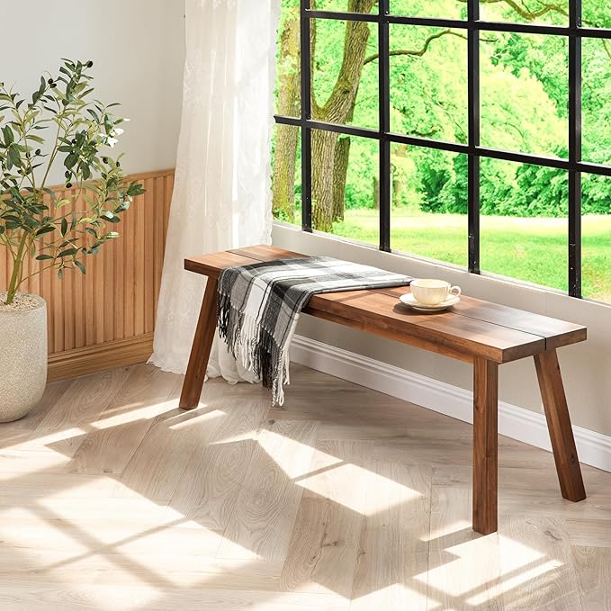 VICTORY RELAX Solid Wood Bench - Minimalist Design, Acacia Wood Construction, Brown Color, Versatile for Entryway, Living Room, Bedroom & Outdoors, Easy Assembly & Weather-Resistant