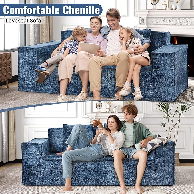 77'' Modern Cloud Loveseat Sofa in Chenille, Deep Seat Boneless Couches Includes 2 pcs Pillows for Living Room, Bedroom, Apartment(Blue)