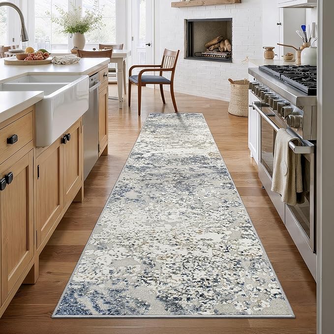 Art&Tuft Runner Rug 2'6"x10' - Anti-Slip Backing Abstract Hallway Rug, Stain Resistant Kitchen Runner, Foldable Machine Washable Runner Rug(2'6"x10', Blue)