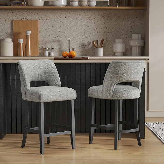 VKNOW Bar Stools Set of 2, 26" Upholstered Counter Height Bar Stools, Modern Counter Stools with Black Legs for Kitchen Island Dining Room Bar, Light Grey-Black Legs