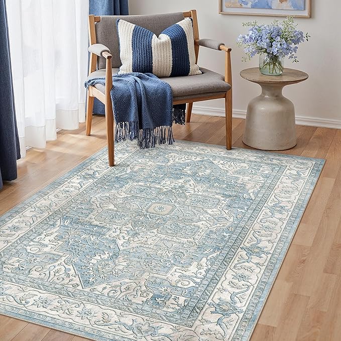 3x5 Washable Vintage Area Rug Blue Oriental Soft Entryway Throw Rug Neutral Non Slip Low Pile Small Carpet for Kitchen Bathroom Living Room Bedroom