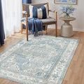 3x5 Washable Vintage Area Rug Blue Oriental Soft Entryway Throw Rug Neutral Non Slip Low Pile Small Carpet for Kitchen Bathroom Living Room Bedroom