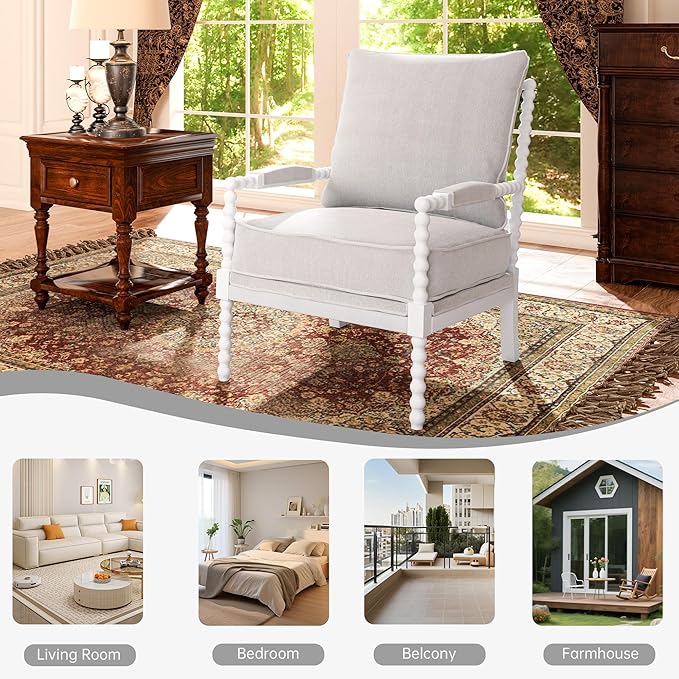 Morden Fort Linen Fabric Spindle Accent Chair with Wood Frame, French Style Accent Chairs with Padded Spring Seat and Armrest Pads, Brushed Base for Living Room Bedroom Farmhouse Office Balcony