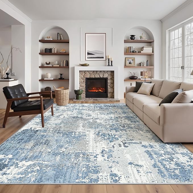 Art&Tuft Washable Rug, Anti-Slip Backing Abstract 8x10 Rug, Stain Resistant Rugs for Living Room, Foldable Machine Washable Area Rug (TPR53-Blue, 8'x10')