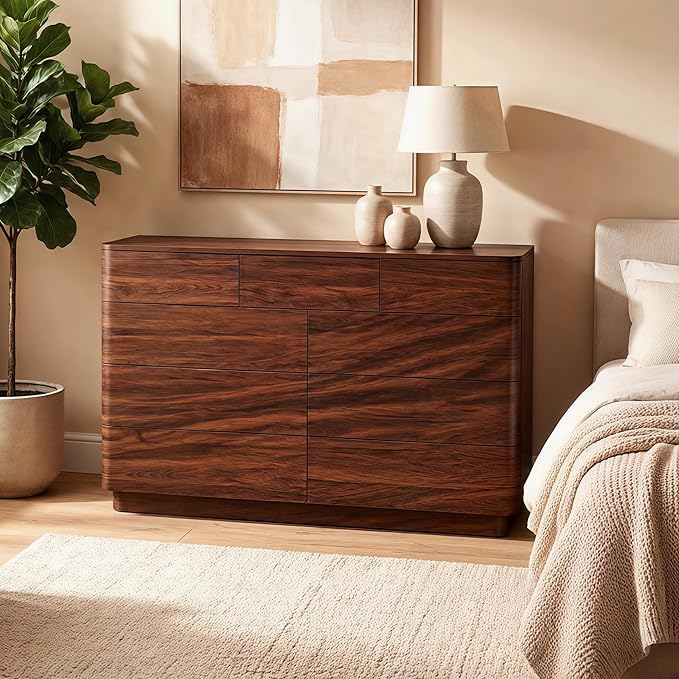 ACCOHOHO 9 Drawer Dresser for Bedroom, 52" Wide Modern Wood Dresser with Hidden Handle Drawers, Large Storage Chest of Drawers, TV Stand for Living Room & Hallway, Curved Profile Design, Dark Walnut