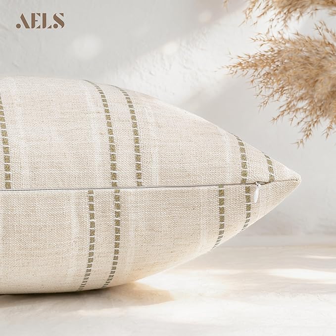 AELS 18x18 Decorative Farmhouse Linen Blend Throw Pillow Covers, Boho Textured Pillow Case, Set of 2, Beige with White & Brown Stitch Yarn Dyed Stripe Cushion Cover for Sofa Living Room (Cover ONLY)
