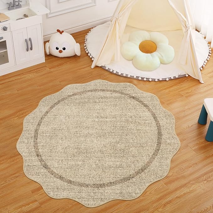 GarveeHome Scalloped Round Rugs 6Ft Washable Area Rug for Playroom, Kids Non-Slip Neutral Classic Circle Rug Modern Large Carpet Soft Boys Rug for Classroom Dorm Bedroom, Jute