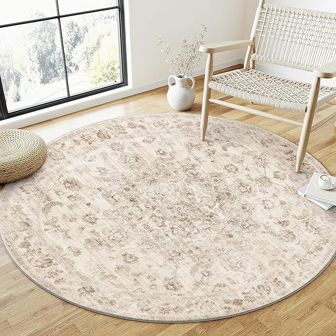 4x4 Washable Neutral Round Rug Beige Vintage Entryway Kitchen Cirlce Rug Non-Slip Soft Low Pile Farmhouse Indoor Carpet for Entrance Bathroom Dining Room