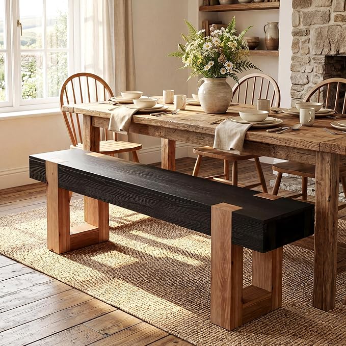 55" Solid Wood Dining Bench, Farmhouse Wooden Entryway Bench, End of Bed Bench, Indoor Bench Seat for Bedroom, Dining Room, Kitchen, Hallway, Black & Brown