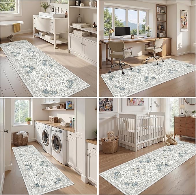 Washable 2x8 Runner Rug Vintage Area Rugs for Hallway Water Resistant Kitchen Entryway Rug Ultra Soft Living Room Bedroom Carpet Indoor Low Pile Floor Mat for Bathroom Dining Room (2'x8',BeigeBlue)