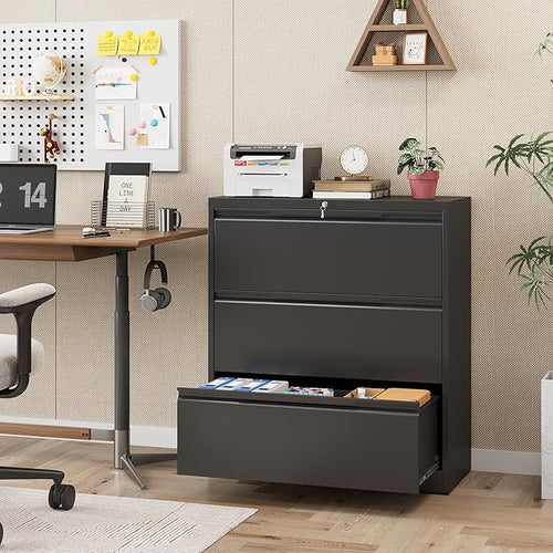 3 Drawer Lateral File Cabinet with Lock, Heavy-Duty Metal Filing Cabinet for Home Office, Steel Storage Compatible with Hanging Files Letter/Legal/F4/A4 Sizes, Black