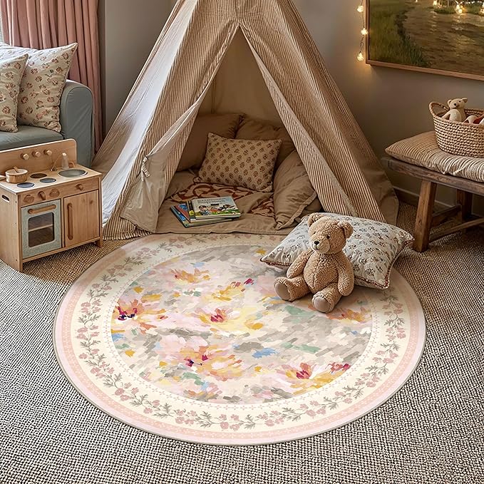5x5 Washable Area Rug Beige Pink Living Room Bedroom Floral Throw Rug Abstract Modern Non Slip Soft Low Pile Carpet for Dining Room Office Nursery Indoor
