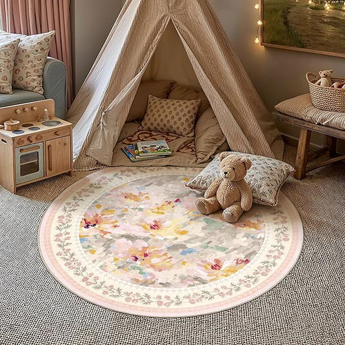 3x3 Washable Area Rug for Entryway Beige Pink Floral Abstract Soft Throw Rug Modern Non Slip Low Pile Small Carpet for Kitchen Bathroom Living Room Bedroom