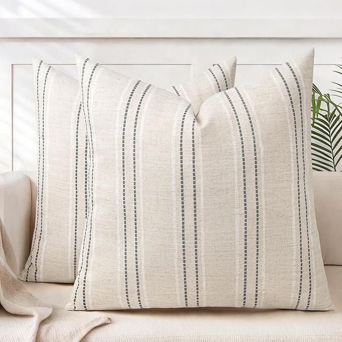 AELS 26x26 Decorative Farmhouse Linen Throw Pillow Covers, Boho Textured Pillow Case, Set of 2, Beige with White & Gray Stitch Yarn Dyed Stripe Cushion Cover for Sofa Couch Living Room (Cover ONLY)