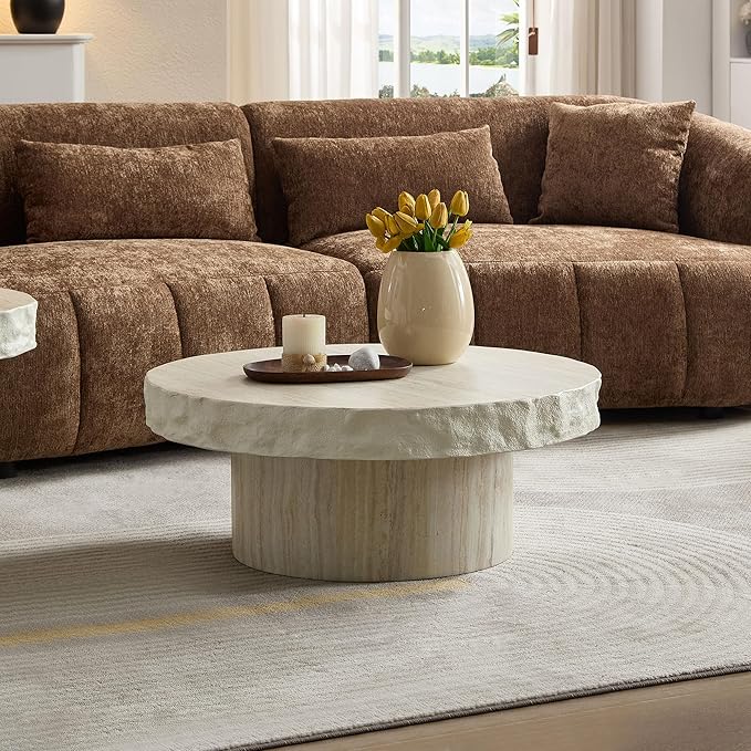 31.69" Round Coffee Table with Round Pedestal, Fiberglass Faux Marble Tabletop for Living Room, Modern Circle Center Table Tea Table for Apartment, Office, Beige Mars Pattern