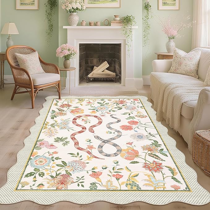 Garvee Snake Washable Area Rugs 5x7 Boho Scalloped Living Room Rugs, Botanical Floral Bedroom Rug, Stain-Resistant Low Pile Floor Carpet for Dining Room Dorm Nursery Playroom Farmhouse Office,Beige