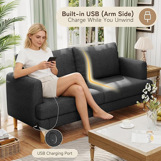 70" Modern Loveseat Sofa with USB Type-C Ports, Linen Fabric 2-Seater Deep Seat Couch, Cozy Small Couch Sofa for Living Room Bedroom Office Apartment (Black)