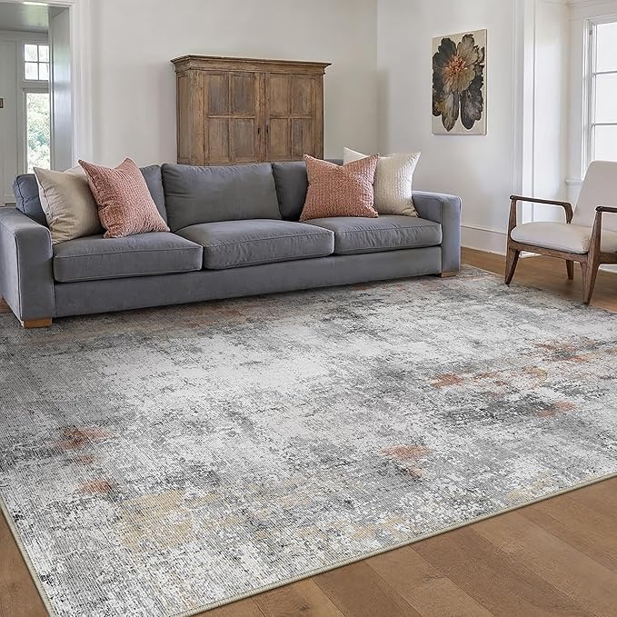 12x15 Area Rug Rust Grey Abstract Non Slip Soft Low Pile Washable Rug for Living Room Bedroom Dining Room Office Neutral Modern Indoor Extra Large Throw Carpet for Home Decor