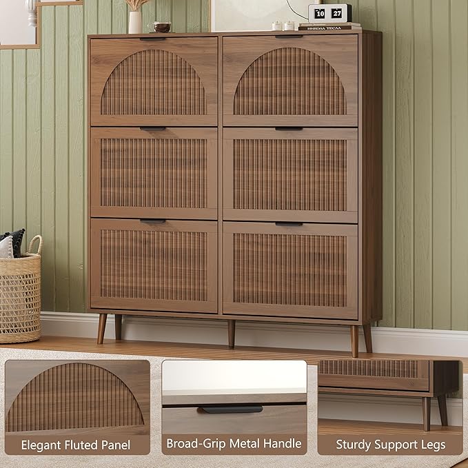 BORNOON Shoe Cabinet for Entryway with 6 Flip Drawers, Slim Wooden Shoe Storage Organizer with Modern Fluted Pannel，Freestanding Narrow Hidden Shoe Rack for Hallway, Foyer, Living Room