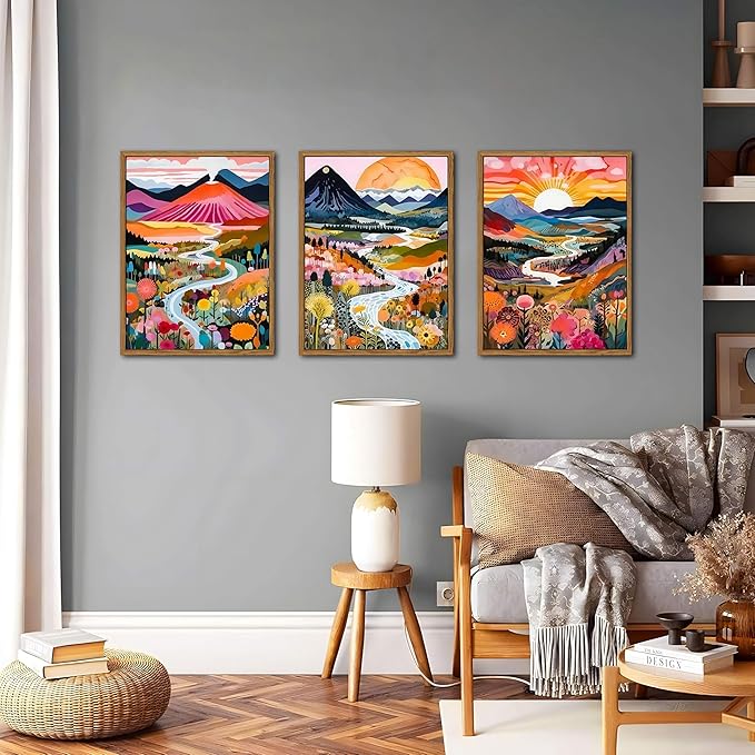 Floating Framed Large Boho Colorful Wall Art, Abstract Watercolor Mountain Landscape Wall Decor Painting Set of 3, Modern Flower Aesthetic Posters Prints for Living Room Bathroom Bedroom 16x24 Inch