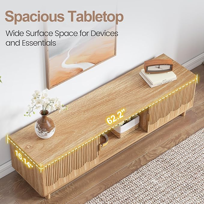 FurSch 62.2” Mid Century Modern Fluted TV Stand, Low Profile TV Stand with Storage, Curved Media Console for Bedroom Living Room (Natural)