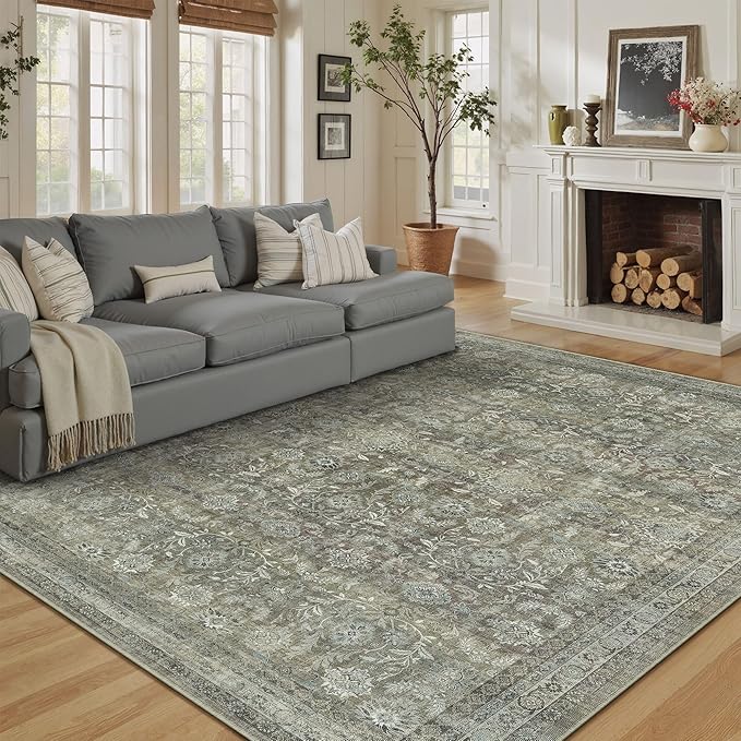 5x7 Washable Neutral Area Rug for Living Room Floral Non Slip Low Pile Throw Rug Vintage Traditional Stain Resistant Carpet Bedroom Kitchen Playroom Office Dining Room