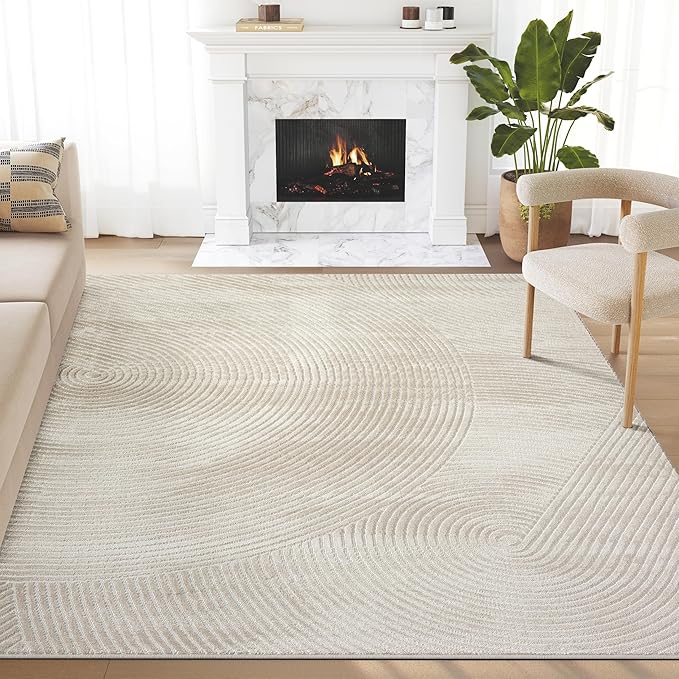 Abani Neutral Beige Area Rug | 3' x 6' Tan Geometric Carpet with Zen Circle Pattern | Washable Rugs for Living Room, Bedroom, Office