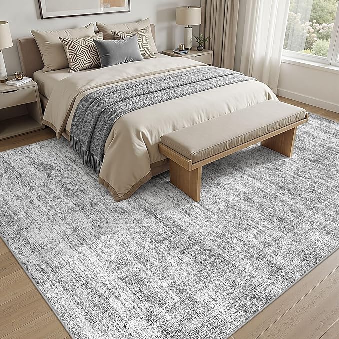 cotiled Large Area Rugs for Living Room 10x14, Machine Washable Rugs with Non Slip Backing Modern Neutral Abstract Rugs Stain Resistant Distressed Carpets for Home Decor (10x14 Dark Grey)
