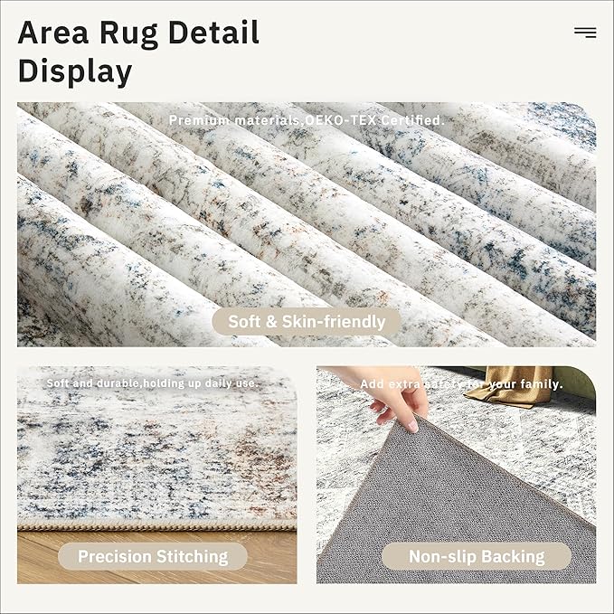 Soalmost Washable Area Rug 8x10, Large Soft Rugs for Living Room Vintage 8x10 Area Rugs for Bedroom Dining Room Non-Slip Stain Resistant Under Table Blue Ivory Rug