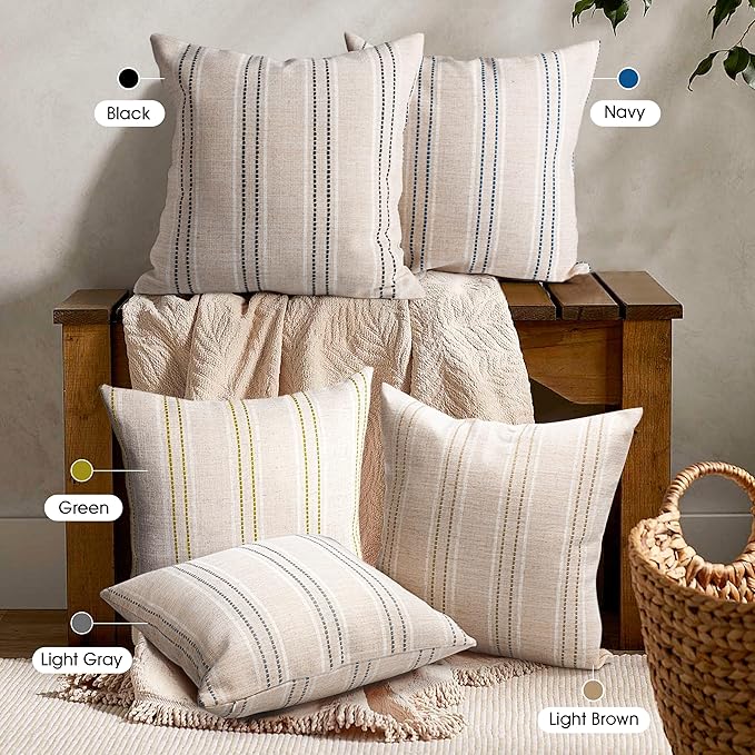 AELS 20x20 Decorative Farmhouse Linen Throw Pillow Covers, Boho Textured Pillow Case, Set of 2, Beige with White & Green Stitch Yarn Dyed Stripe Cushion Cover for Sofa Couch Living Room (Cover ONLY)