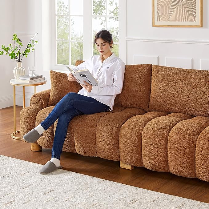 VANOMi Boucle Sofa Couch, 91" Comfy Tufted Upholstered Cloud Couches, Modern 3 Seater Sofa with Pillows, Oversized Deep Seat Sherpa Couch for Living Room, Bedroom, Apartment (Curry)