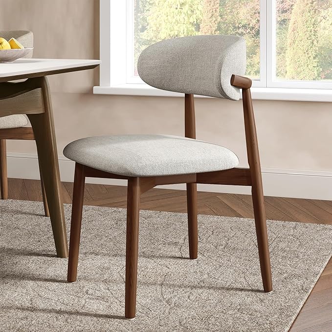 Modern Solid Wood Dining Chairs Set of 2 with Curved Back, Ergonomic Upholstered Seat, Natural Wood Legs with Adjustable Anti-Slip Foot Pad, for Kitchens, Living Rooms, Offices (S-Walnut, Set of 2)