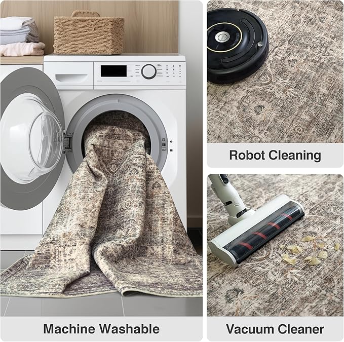 FMFUNCTEX 3x5 Washable Area Rug Taupe Vintage Neutral Non Slip Low Pile Traditional Retro Indoor Carpet for Entryway Entrance Soft Floral Throw Rug Living Room Bedroom Kitchen Dining Office Laundry