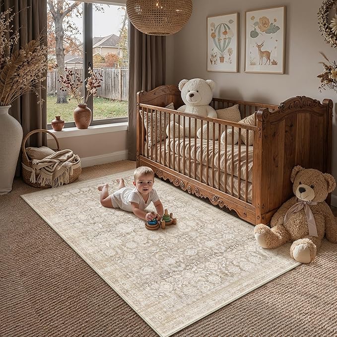 3x5 Beige Washable Neutral Area Rug for Entryway Vintage Non Slip Soft Thin Throw Rug Floral Traditional Stain Resistant Carpet Playroom Bedroom Kitchen Laundry Room Office Under Table