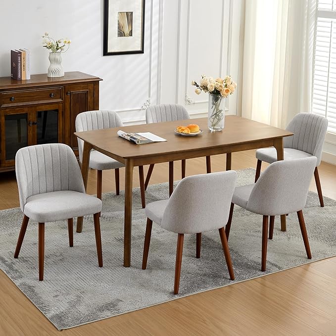 GarveeHome Wooden Dining Chairs Set of 6, Upholstered Kitchen Dining Room Chairs with Padded Seat and Wood Legs, Modern Fabric Side Dinner Chair for Kitchen, Dining Room, Restaurant, Cafe, Grey