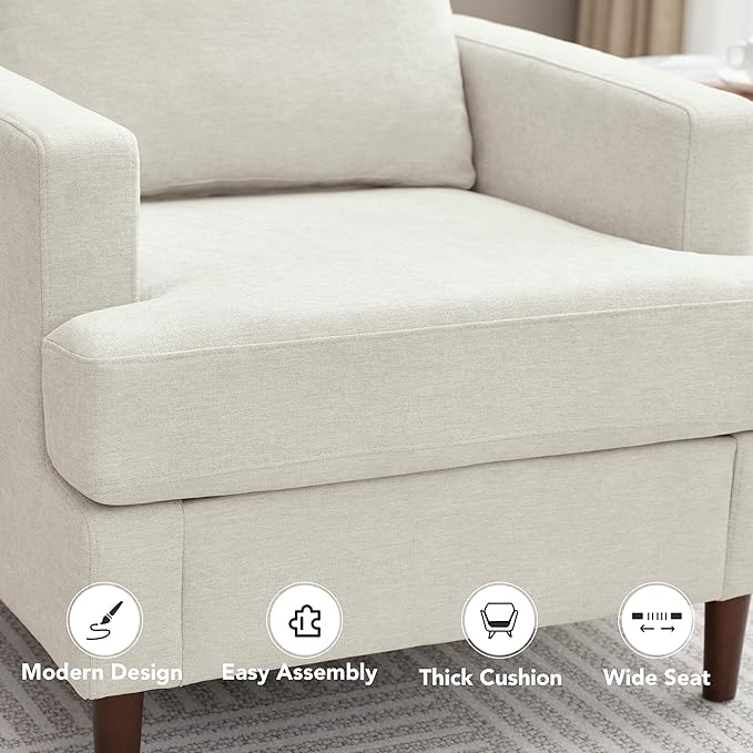 Weture Mid-Century Accent Chair,Modern Linen Fabric Armchair for Living Room,Comfy Upholstered Reading Accent Chairs for Bedroom,Single Sofa Chair with Wood Legs (Beige, 1 Pack)
