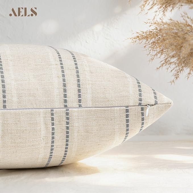 AELS 22x22 Decorative Farmhouse Linen Blend Throw Pillow Covers, Boho Textured Pillow Case, Set of 2, Beige with White & Gray Stitch Yarn Dyed Stripe Cushion Cover for Sofa Living Room (Cover ON