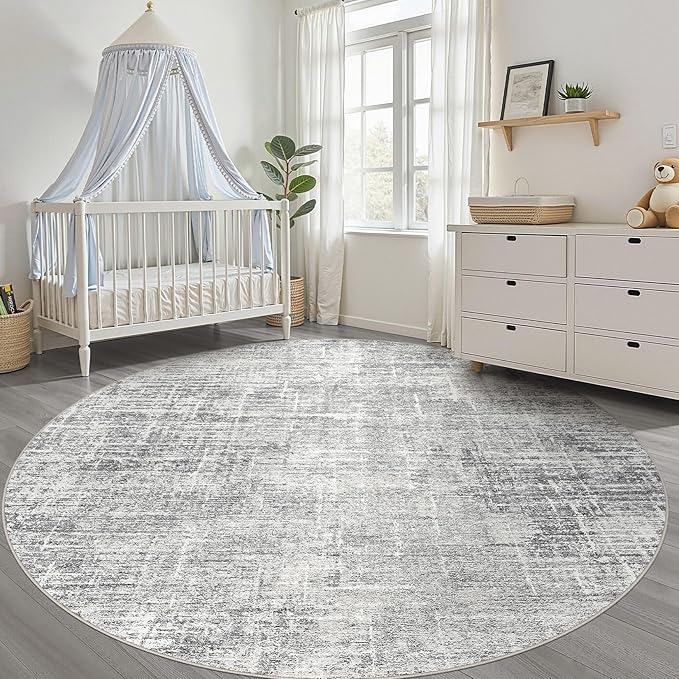 10ft Round Rug Living Room: 10x10 Washable Large Neutral Grey Circle Area Rug Abstract Soft Modern Stain Resistant Indoor Floor Non-Slip Carpet for Bedroom Nursery Kids Office Playroom Dining Room