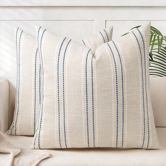 AELS 22x22 Decorative Farmhouse Linen Blend Throw Pillow Covers, Boho Textured Pillow Case, Set of 2, Beige with White & Navy Blue Stitch Yarn Dyed Stripe Cushion Cover for Living Room (Cover ONLY)