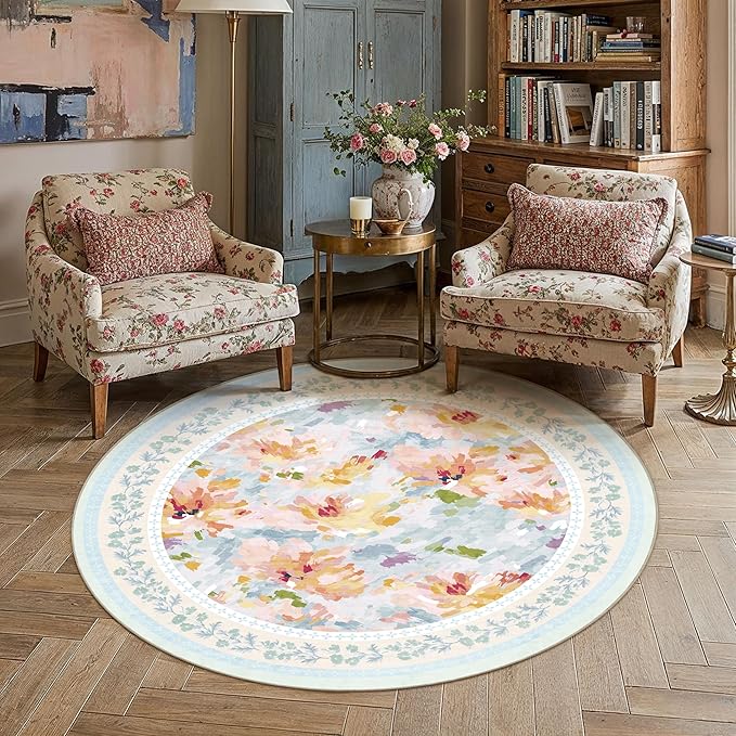 5x5 Washable Area Rug Blue Living Room Bedroom Floral Throw Rug Abstract Modern Non Slip Soft Low Pile Carpet for Dining Room Office Nursery Indoor