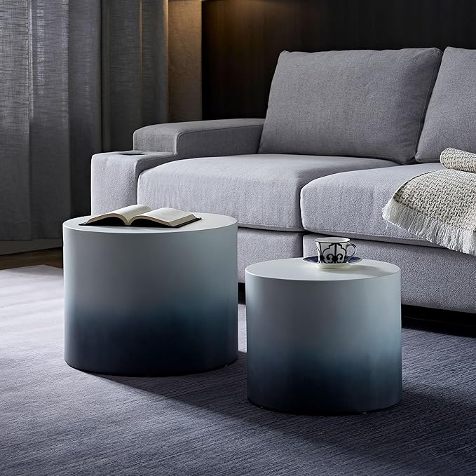 WILLIAMSPACE 18.9" Gradient Color Nesting Coffee Table Set of 2 for Living Room, Modern Round Coffee Tables Accent Circle Tea Table Set for Small Space, No Assembling, White + Blue